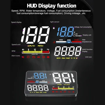5-дюймовый автомобильный головной дисплей HUD D5000 OBD2 Диагностический инструмент Проектор лобового стекла Цифровая Охранная сигнализация Спидометр