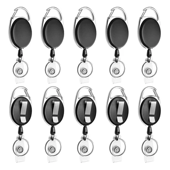 Выдвижная катушка для бейджа из 10 упаковок С карабином для ремня и кольцом для ключей для удостоверения личности, брелок для ключей, держатель для бейджа, черный