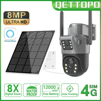 Qettopo 4K 8MP 4G Двухобъективная PTZ Солнечная Камера С Двумя Экранами PIR Отслеживание Человека Наружная WIFI Безопасность CCTV IP-Камера Наблюдения