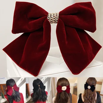 Заколка для волос с большим бархатным бантом, Винтажная красная женская заколка для волос для девочек, повязка на голову с бантом, цепочка с бабочкой, аксессуары, одежда для вечеринки, косплей