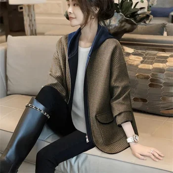Шляпа в клетку, сшитая в стиле пэчворк, шерстяное пальто, женская весенняя мода 2023 года, корейская версия, все для похудения, повседневная куртка в тон
