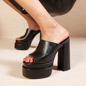 LAIGZEM/ Женские туфли-лодочки на платформе из натуральной кожи на толстом каблуке 14 см для вечеринок, увеличивающие рост, Женская обувь ручной работы, Женский размер 36 37 39