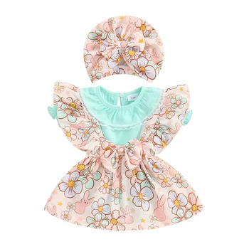 Комплект одежды для маленьких девочек: комбинезон с короткими рукавами и принтом кролика, платье на подтяжках и шляпка, пасхальный наряд