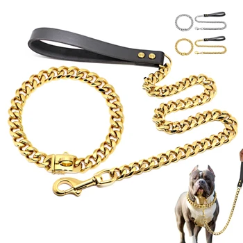 Золотая цепочка для ошейника petstar, высокопрочный ошейник для собак Pet Cuban Link из нержавеющей стали для питбулей, цепной ошейник и поводок для собак