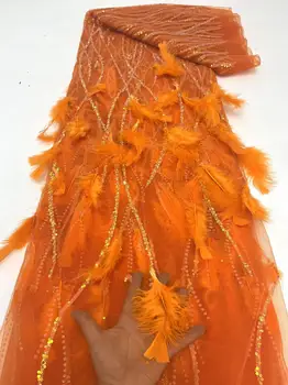 Высококачественная роскошная французская сетка, расшитая бисером из перьев, кружевная ткань для подиума, африканская ткань с блестками для свадебного платья