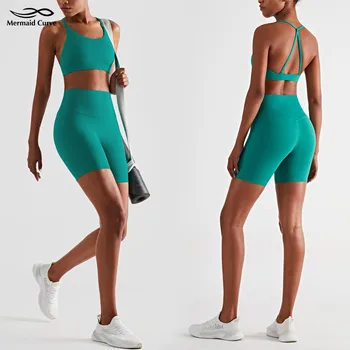 Женский комплект для йоги Mermaid Curve, спортивный бюстгальтер на бретелях + обтягивающие шорты с высокой талией, тренировочный костюм для бега, топ для тренажерного зала американского размера с вырезом на шее