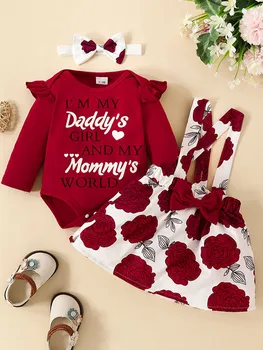 Осенний комплект одежды для маленьких девочек, комбинезон с длинными рукавами, юбка с цветочным принтом и платье в целом