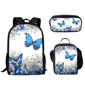 Хип-хоп молодежный 3D принт с бабочкой, 3 шт./компл. студенческие дорожные сумки, рюкзак для ноутбука, сумка для ланча, пенал для карандашей