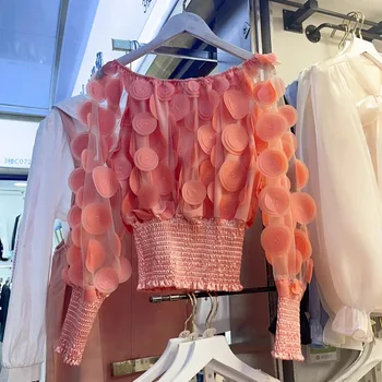 Осенняя модная блузка для женщин с 3D цветами, вырезом лодочкой, цветочными лепестками, обтягивающие рубашки в стиле пэчворк, французская шикарная женская блузка, прямая поставка