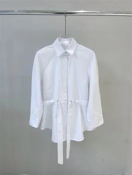 Женская белая рубашка с пуговицами, отложной воротник на шнуровке, женская блузка с завязками