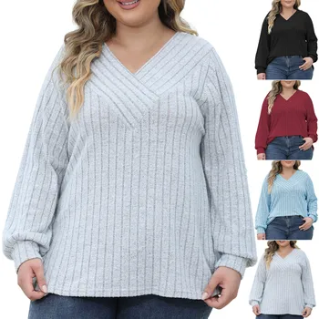 Шикарный и стильный свитер оверсайз с V-образным вырезом нейтральных оттенков, женская однотонная нижняя рубашка с V-образным вырезом в полоску, пуловер, рубашка