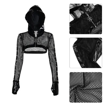 Женский черный укороченный топ с капюшоном в готическом стиле в стиле панк, сетчатые топы, повседневный пуловер с длинным рукавом, толстовки свободного кроя