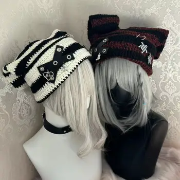 Японская готическая шапочка-бини в стиле харадзюку, вязаная шапочка в полоску, осень-зима, женские шапки с милыми заячьими ушками Y2K Girl