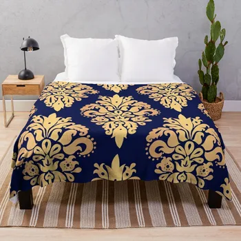 Синее с Золотом Одеяло с Классическим Дамасским Узором, Пушистые Одеяла, Большое Фланелевое Одеяло, Диванное Одеяло
