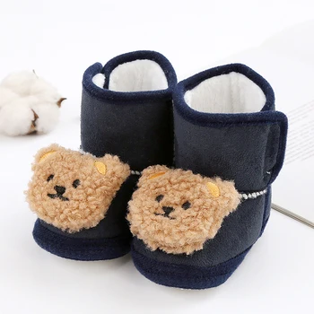 Детские зимние ботинки, осенне-зимняя обувь для девочек, флисовые теплые ботильоны с мультяшным медведем, первые ходунки для малышей