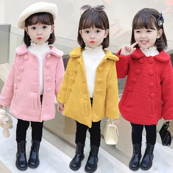 Двухрядное шерстяное пальто для девочки Осень-зима, корейская версия, детская куртка от 2 до 6 лет