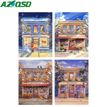 AZQSD Раскрась по номерам Пейзажный дом Книжный Магазин Наборы ручной росписи для домашнего декора в рамке Diy