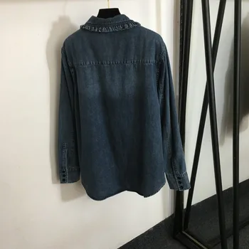 2024 Новая весенне-летняя джинсовая рубашка с длинными рукавами, рубашка с откидным воротником и верхней пуговицей в японском и корейском офисном стиле