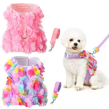 Комплект шлейки и поводка для щенка, защитный жилет для кошки, шлейка с цветами для домашних животных, мягкий сетчатый кружевной костюм принцессы для собак