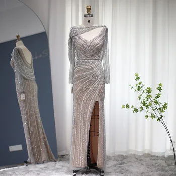 Шарон Саид Роскошные вечерние платья Русалки из серебряного бисера в Дубае для женщин 2023 года с разрезом Арабские Свадебные платья для выпускного вечера SS035