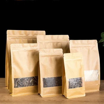 50шт Упаковка Zip lock Kraft Paper Window Bag Stand up Подарочные Пакеты для упаковки Сушеных продуктов Питания Фруктов Чая с застежкой-молнией Самоуплотняющиеся Пакеты