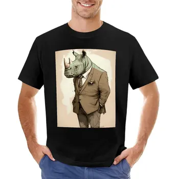 Футболка с рисунком носорога в костюме, футболка-иллюстрация, топы больших размеров, винтажная футболка, мужские белые футболки