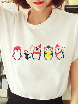 Футболки с милым рождественским принтом в виде пингвина, рождественские модные футболки с коротким рукавом в повседневном стиле, одежда, подарок на Новый год