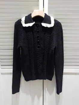 2023 новый женский модный вязаный свитер с длинным рукавом и сексуальным повседневным черным кукольным воротником 1030 г.