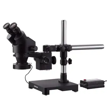 Микроскоп AmScope с 7-кратным-135-кратным стереоскопическим увеличением черного цвета с однорычажной штангой и кольцевой подсветкой на 80 светодиодов