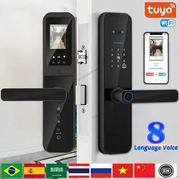 Цифровой электронный умный дверной замок Tuya Wifi с биометрической камерой, отпечатком пальца, смарт-картой, паролем, ключом разблокировки