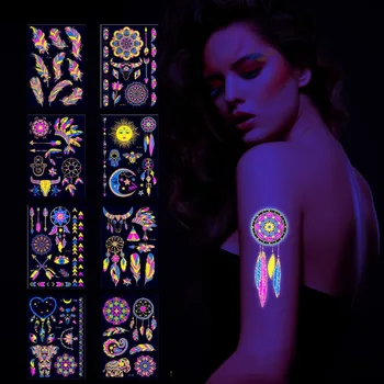 Хит продаж, 1 шт., флуоресцентные вечерние наклейки с цветами из перьев, ночной клуб, наклейки для лица, татуировки, наклейки для макияжа