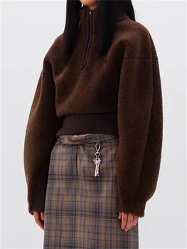 Женский модный комплект, женские топы с длинным рукавом и воротником-стойкой на молнии, плюшевые однотонные пуловеры или юбка в клетку контрастного цвета трапециевидной формы