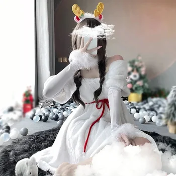 Женское Рождественское ролевое платье Санта-Клауса 2023 года с открытыми плечами, белое зимнее платье с длинным рукавом, головной убор, перчатки, Униформа