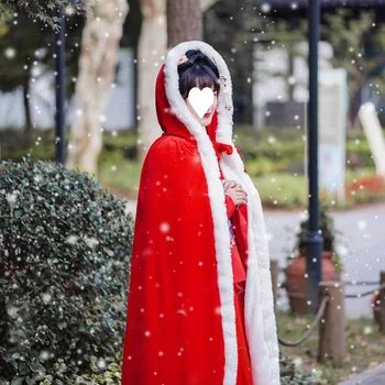 Зимнее длинное бархатное утолщенное пальто Hanfu с капюшоном в китайском стиле, красное, антично-черное. Белый